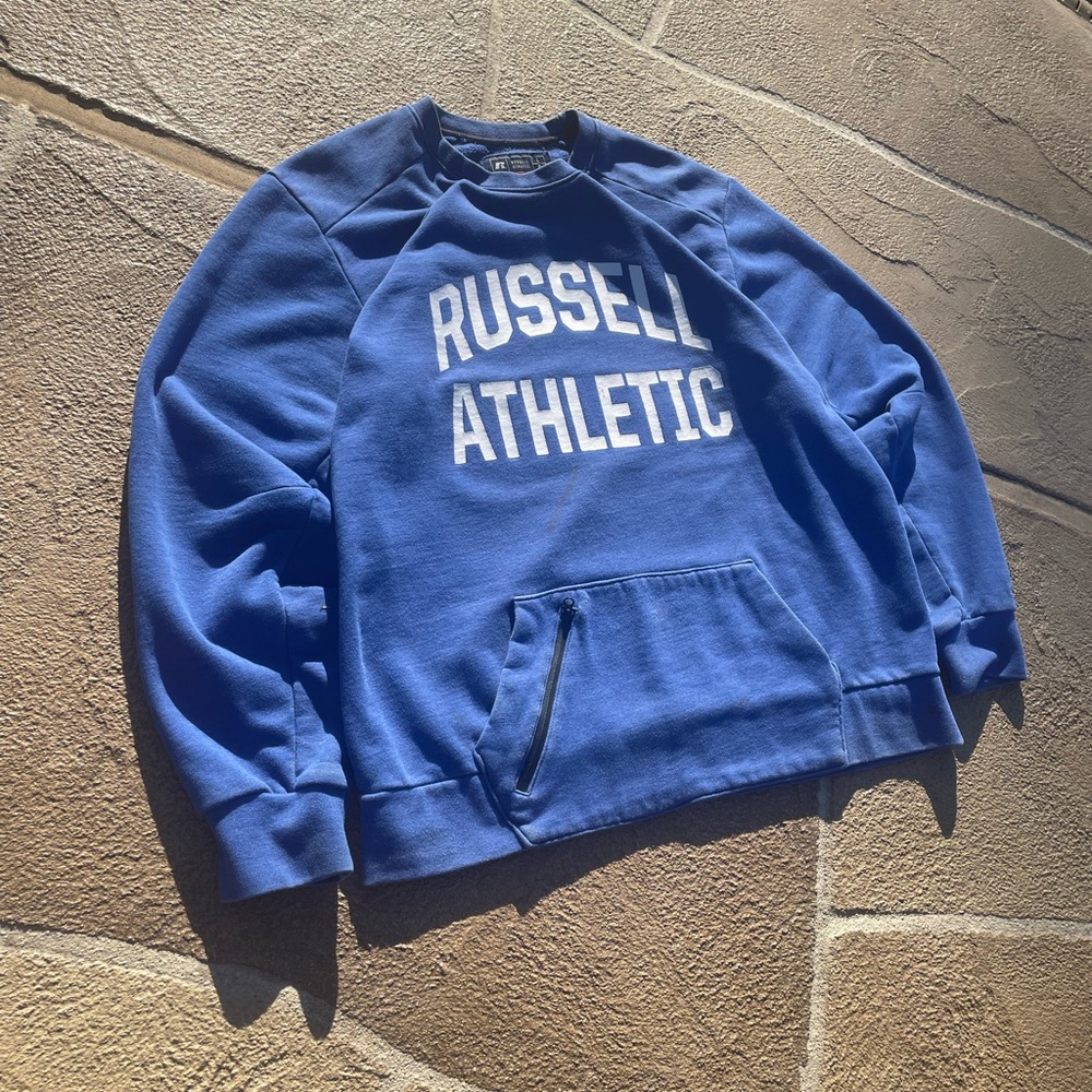 Vintage Russel Athletic Sweatshirt w Zip-Up Pocket Blue/White Size L